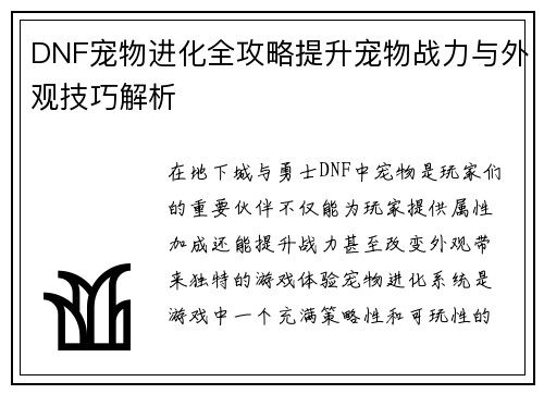 DNF宠物进化全攻略提升宠物战力与外观技巧解析